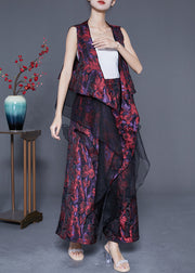 Modern Purple Red Asymmetrical Design Jacquard Silk Two Pieces Set Summer