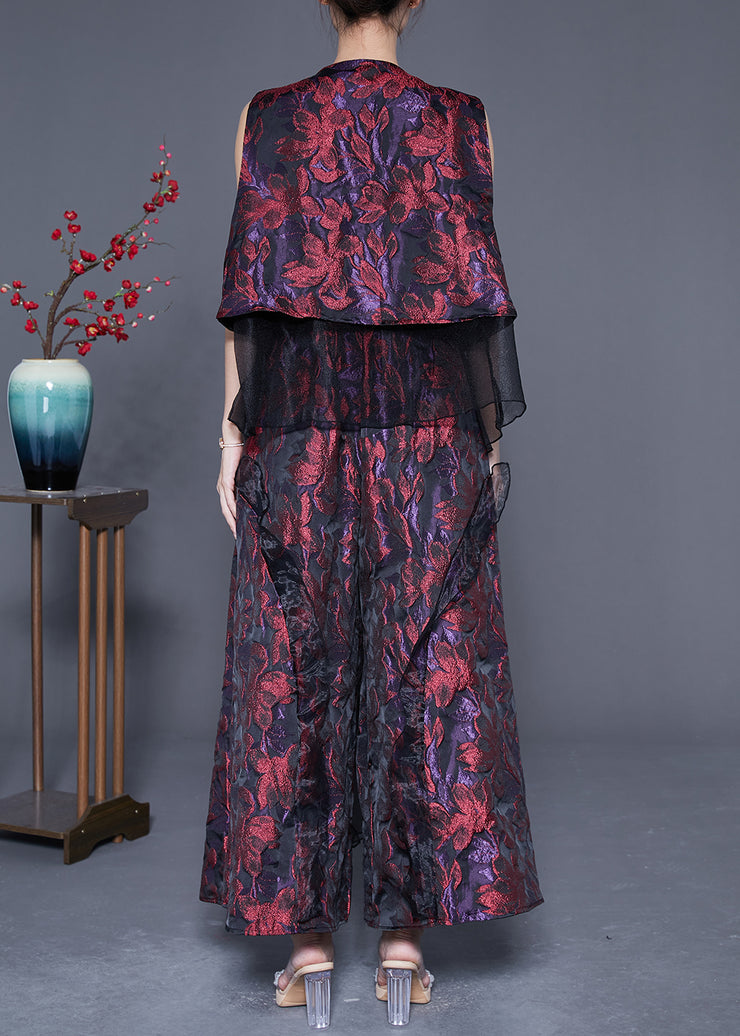Modern Purple Red Asymmetrical Design Jacquard Silk Two Pieces Set Summer