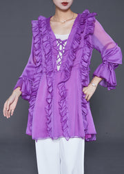Modern Purple Ruffled Lace Up Chiffon Shirt Fall