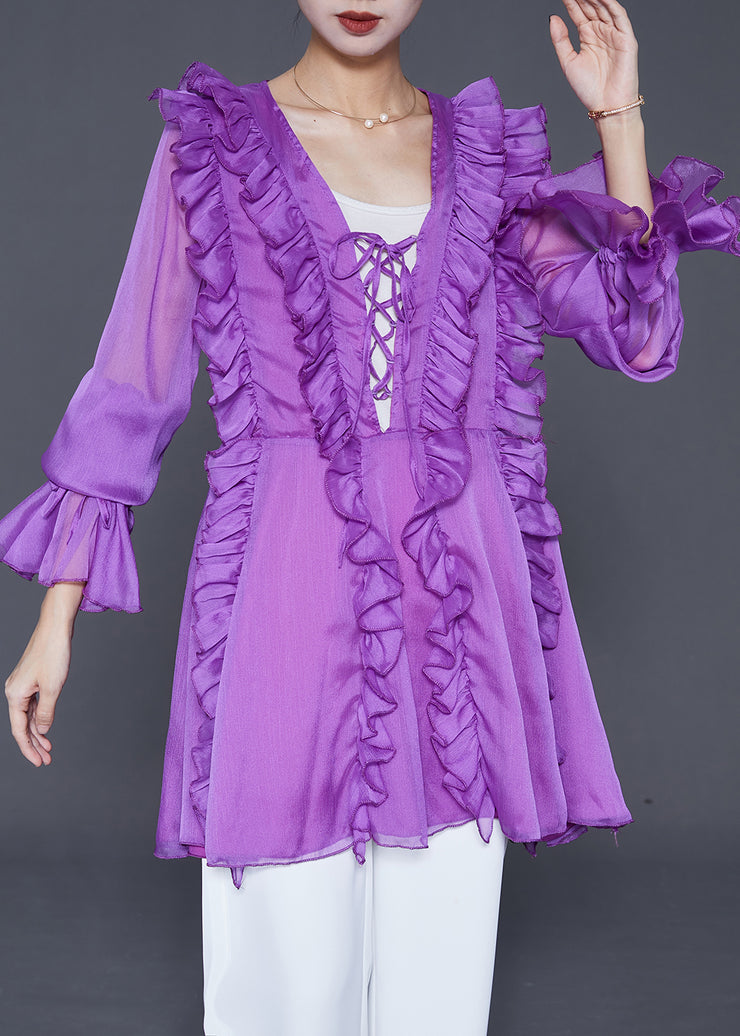 Modern Purple Ruffled Lace Up Chiffon Shirt Fall