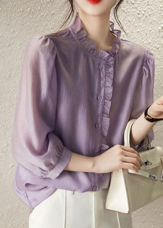 Modern Purple Ruffled Patchwork Chiffon Shirts Tops Spring