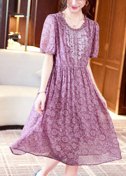 Modern Purple Ruffled Print Chiffon Holiday Dress Summer