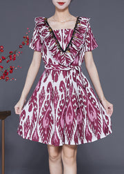 Modern Purple Ruffled Print Linen Mid Dress Summer