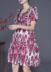 Modern Purple Ruffled Print Linen Mid Dress Summer