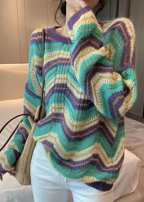 Modern Purple Striped Hollow Out Cotton Knit Sweater Fall