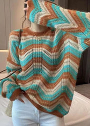 Modern Purple Striped Hollow Out Cotton Knit Sweater Fall