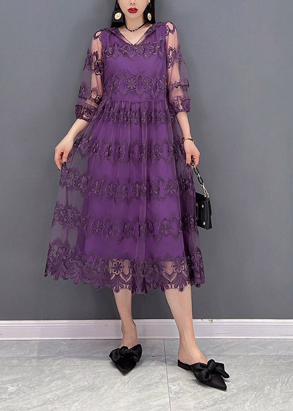 Modern Purple V Neck Embroidered Floral Lace Patchwork Hooded Dress Long Sleeve