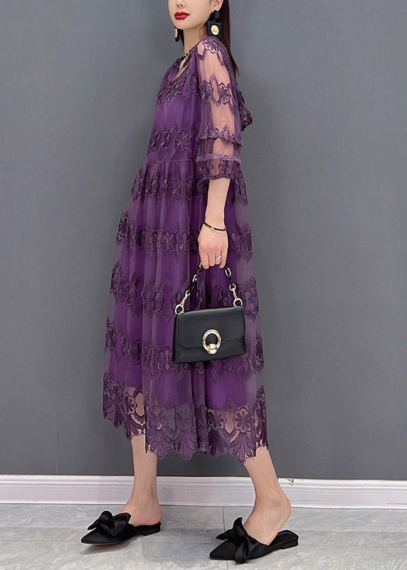 Modern Purple V Neck Embroidered Floral Lace Patchwork Hooded Dress Long Sleeve