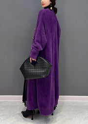 Modern Purple V Neck Oversized Thick Mink Hair Knitted Long Cardigan Winter
