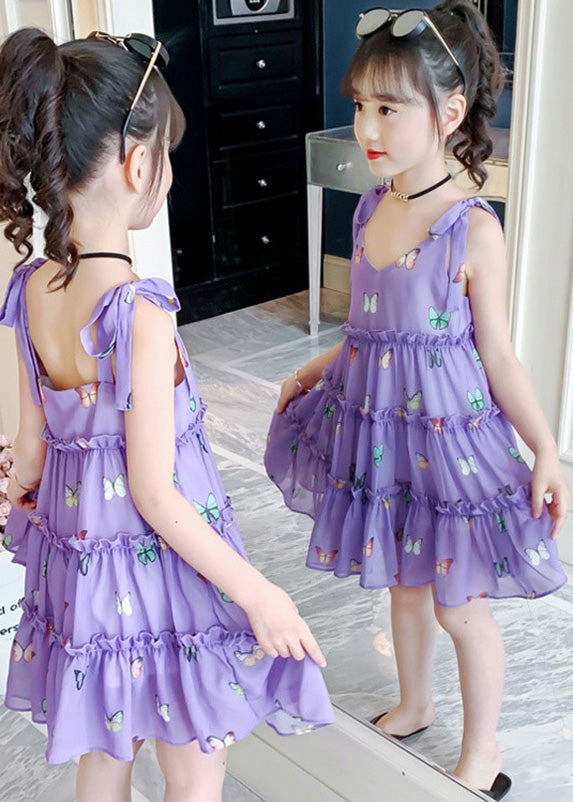 Modern Purple V Neck Print Ruffled Patchwork Kids Chiffon Slip Mid Dress Summer