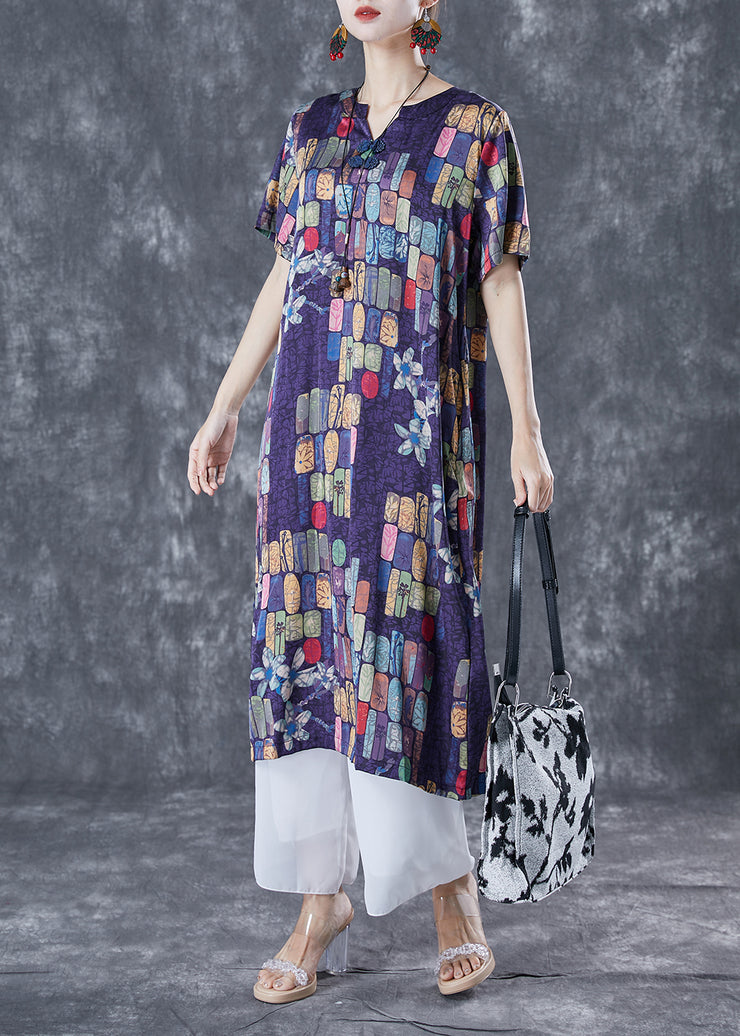 Modern Purple V Neck Print Silk Holiday Dress Summer