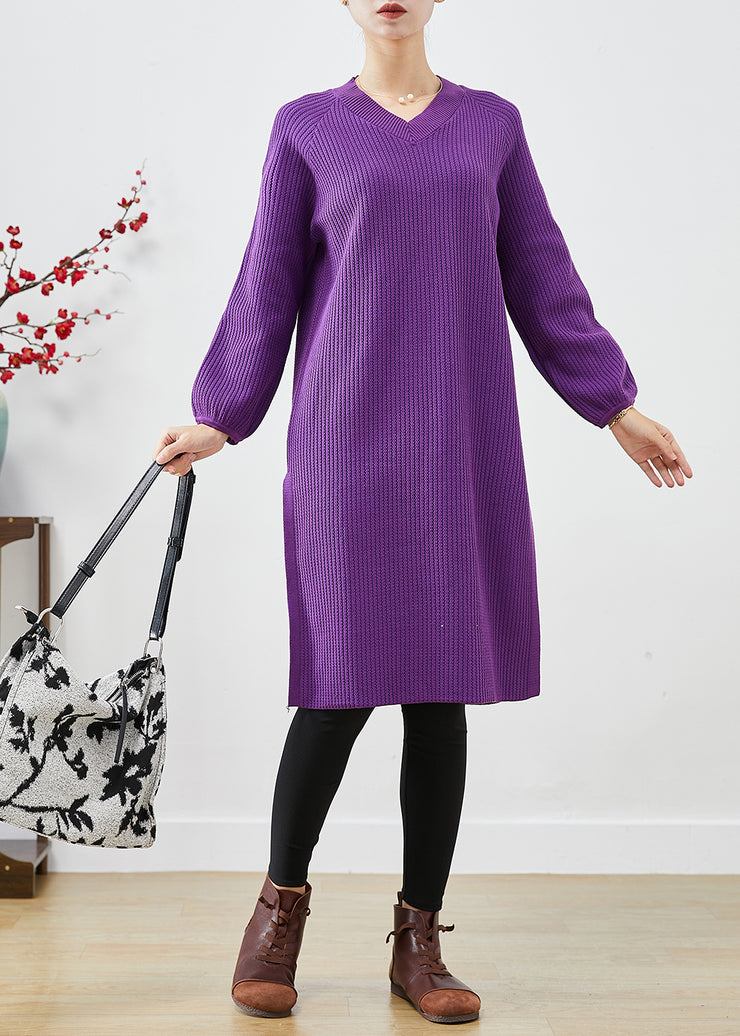 Modern Purple V Neck Side Open Knit Mid Dress Fall