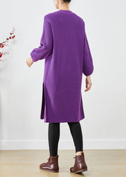Modern Purple V Neck Side Open Knit Mid Dress Fall