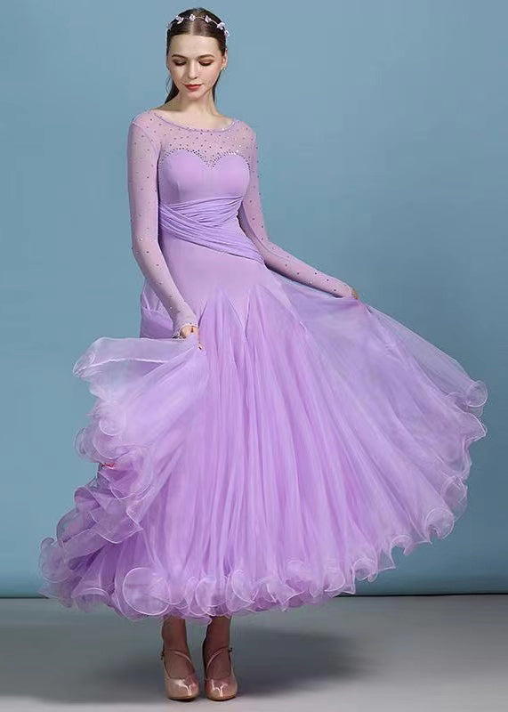Modern Purple Zircon Tulle Patchwork Exra Large Hem Dance Dress Long Sleeve