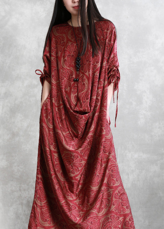 Modern Red Asymmetrical Print Vacation Silk Long Dresses Spring