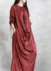 Modern Red Asymmetrical Print Vacation Silk Long Dresses Spring