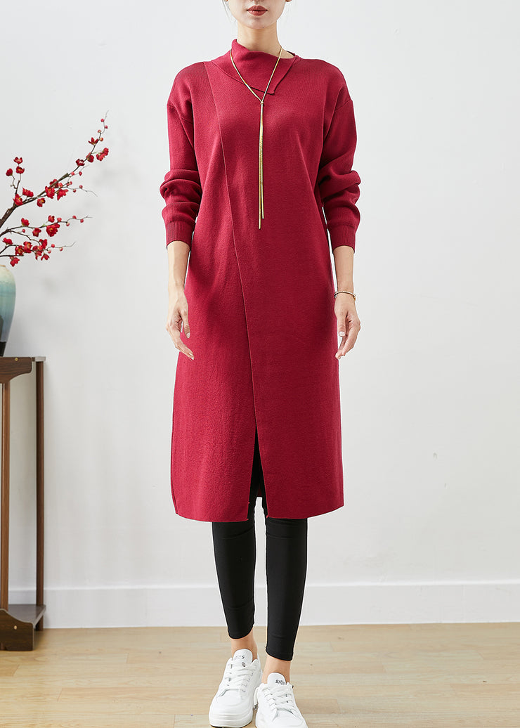 Modern Red Asymmetrical Side Open Knit Maxi Dress Fall