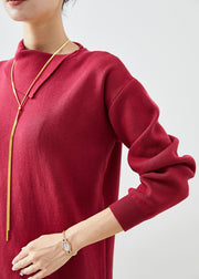Modern Red Asymmetrical Side Open Knit Maxi Dress Fall