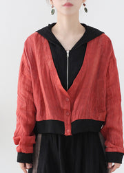 Modern Red Colorblock Patchwork Linen Fake Two Piece Coats Long Sleeve