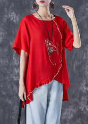 Modern Red Embroidered Butterfly Patchwork Ruffled Cotton Tops Summer