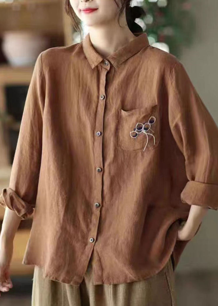 Modern Red Embroidered Button Patchwork Linen Shirt Top Spring