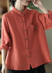 Modern Red Embroidered Button Patchwork Linen Shirt Top Spring