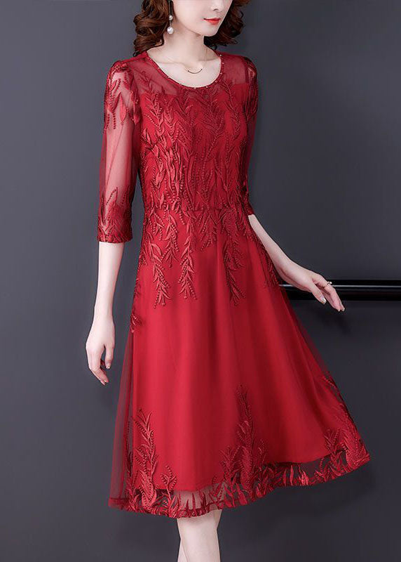 Modern Red Embroidered Slim Fit Tulle Long Dresses Vestidos Half Sleeve