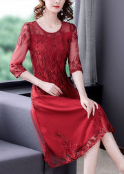 Modern Red Embroidered Slim Fit Tulle Long Dresses Vestidos Half Sleeve