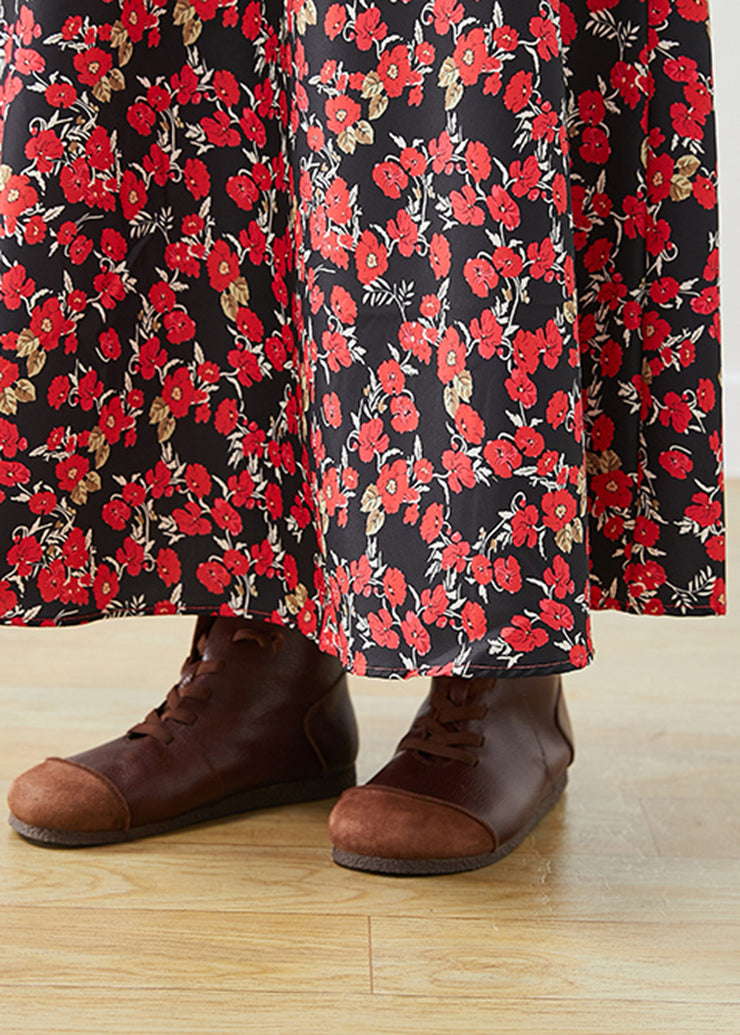 Modern Red Floral Print Exra Large Hem Cotton Skirts Fall