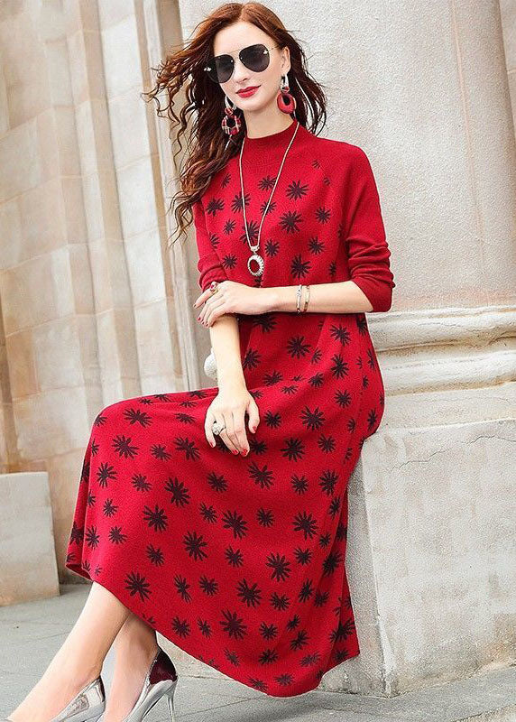 Moderner roter Stehkragen-Print, extra großer Saum, fein gestricktes, langes Kleid mit langen Ärmeln