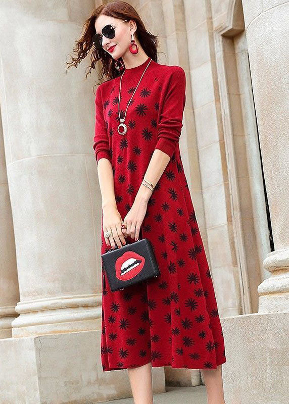 Moderner roter Stehkragen-Print, extra großer Saum, fein gestricktes, langes Kleid mit langen Ärmeln