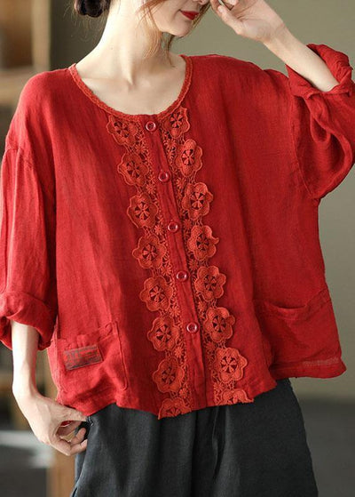 Modern Red Hollow Out Embroideried Pockets Fall Long Sleeve Shirt Tops - SooLinen