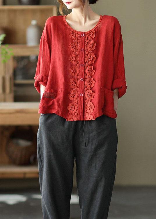 Modern Red Hollow Out Embroideried Pockets Fall Long Sleeve Shirt Tops - SooLinen