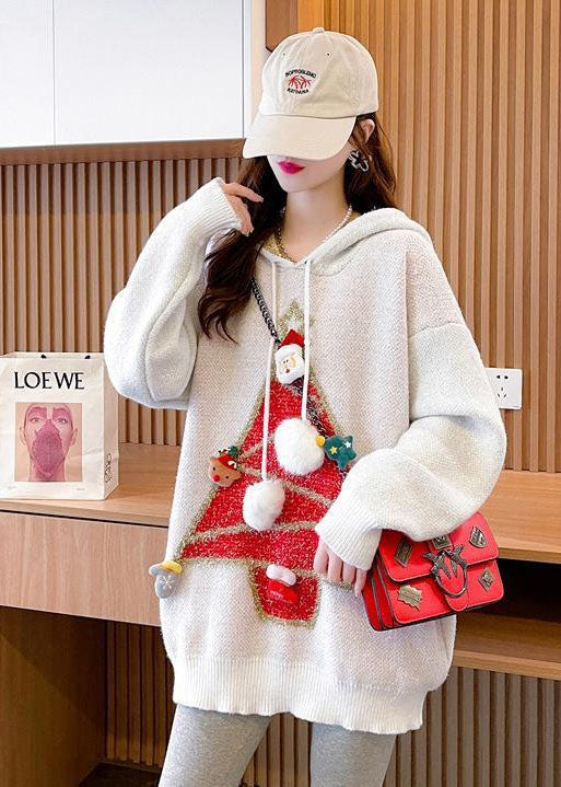 Modern Red Hooded Oversized Christmas Theme Knit Sweater Tops Winter