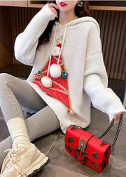 Modern Red Hooded Oversized Christmas Theme Knit Sweater Tops Winter