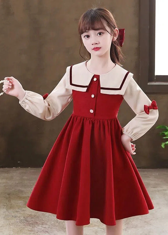 Modern Red O-Neck Patchwork Kids Long Dresses Long Sleeve