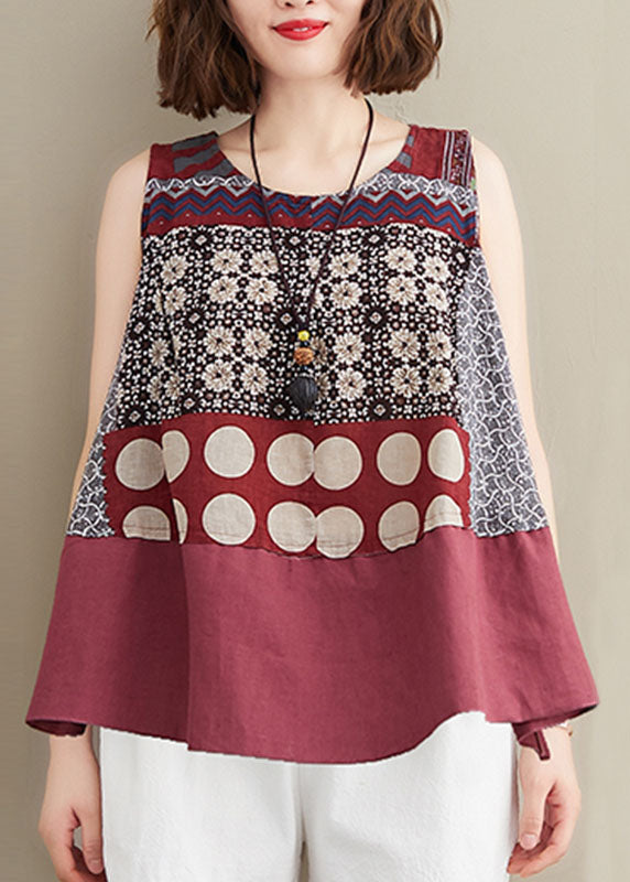 Modern Red O-Neck Patchwork Print Cotton A Line Tops Sleeveless