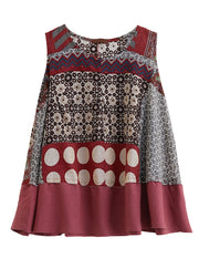 Modern Red O-Neck Patchwork Print Cotton A Line Tops Sleeveless