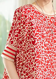 Modern Red O-Neck Print Low High Design Chiffon Tops Short Sleeve