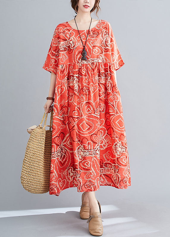 Modern Red O-Neck Print Wrinkled Cotton Beach Dress Short Sleeve