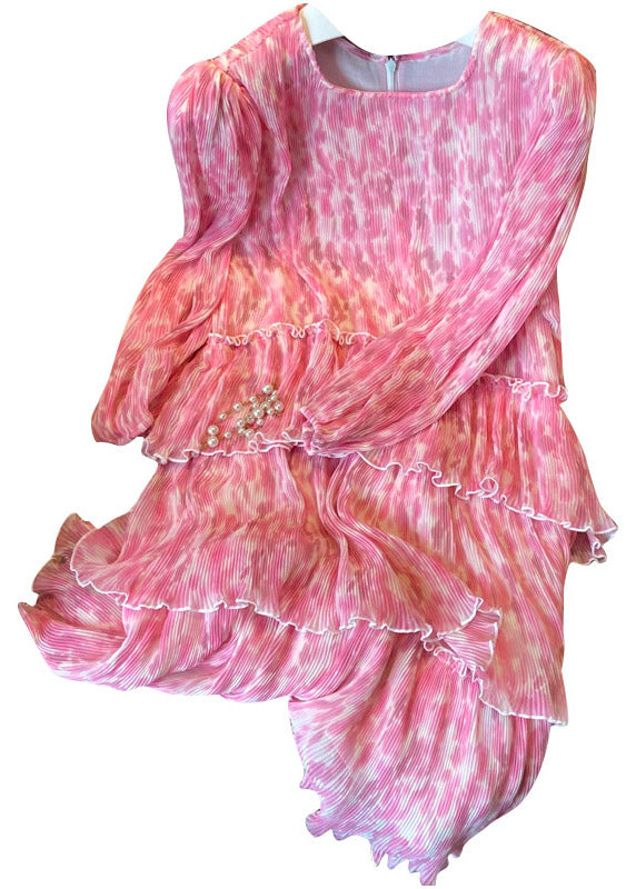 Modern Red O-Neck Print Zippered Wrinkled Chiffon Dresses Long Sleeve