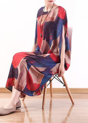 Modern Red Print O-Neck Loose Long Chiffon Dress - SooLinen