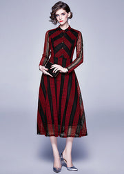Modern Red Stand Collar Hollow Out Button Patchwork Lace Dress Summer