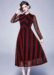 Modern Red Stand Collar Hollow Out Button Patchwork Lace Dress Summer