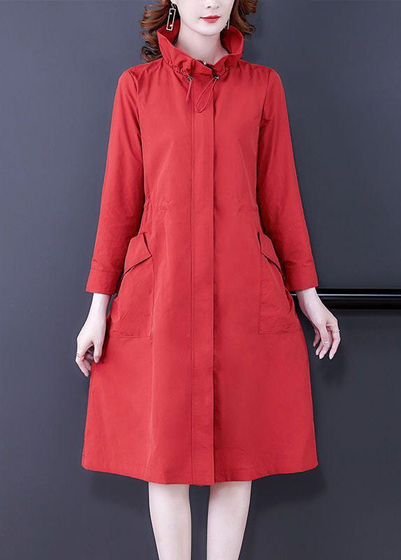 Modern Red Stand Collar Zip Up Silk Coat Outwear Long Sleeve