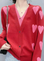 Modern Red V Neck Patchwork Love Jacquard Knit Fake Two Piece Cardigan Spring