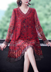 Modern Red V Neck Patchwork Ruffles Print Silk Dresses Long Sleeve