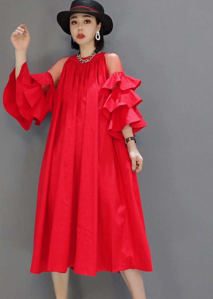 Modern Red wrinkled tulle Patchwork a line skirts Butterfly Sleeve