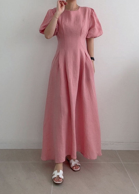 Modern Rose Cinched Wrinkled Linen Long Dress Puff Sleeve