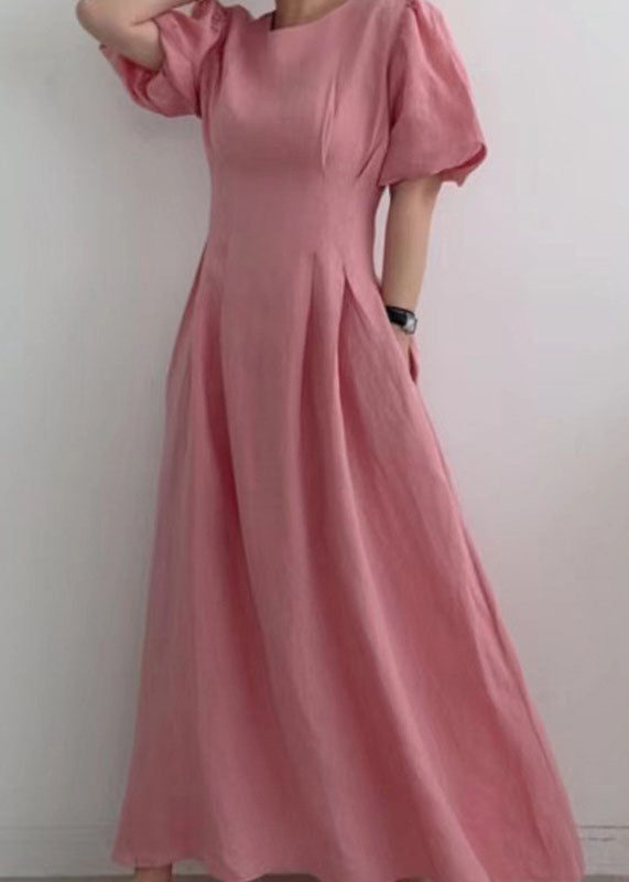 Modern Rose Cinched Wrinkled Linen Long Dress Puff Sleeve